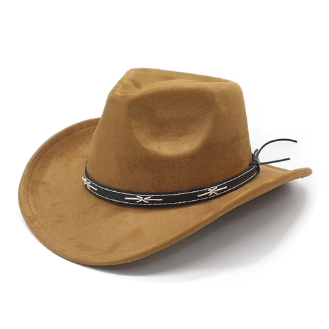 Cappello Da Cowboy Occidentale Vintage Scamosciato Tesa Larga Fedora Retro Con Fascia In Pelle Punto Croce Unisex