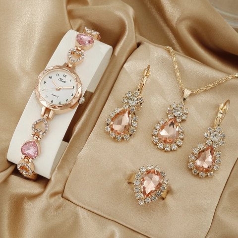 Lussuoso Set di Gioielli con Orologio a Bracciale a Cuore in Oro Rosa per Donna con Collana Orecchini Anello in Lega Strass Elegante Regalo