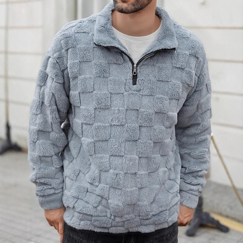 Felpa Da Uomo Con Mezza Cerniera Motivo A Scacchi Pile Collo Alto Manica Lunga Pullover Casual Caldo