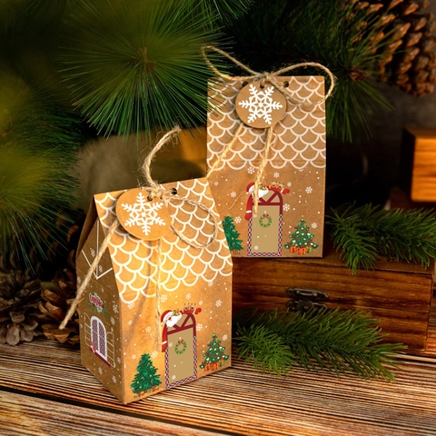 Cajas de Calendario de Adviento de Navidad Casita de Jengibre Papel Kraft Cajas de Regalo Con Cuerda de Cáñamo para Fiesta