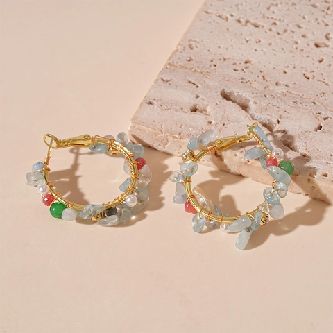 Creolen Mit Aquamarin Imitation Und Kunstperlen Bunte Steine Handgefertigt Mit 925 Sterling Silver Earring Post