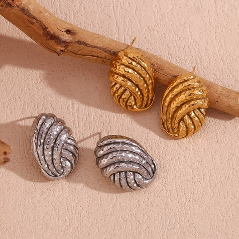 Mode 18K Vergoldet Edelstahl Gehämmerte Textur Knopfform Ohrstecker Vintage Geometrische Metall Ohrringe Für Damen Schmuck