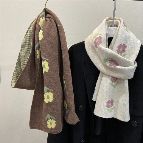 Écharpe En Tricot Floral Femmes Hiver Chaud Épaissie Jacquard De Fleurs Cache-Cou Style Coréen Rétro Doux