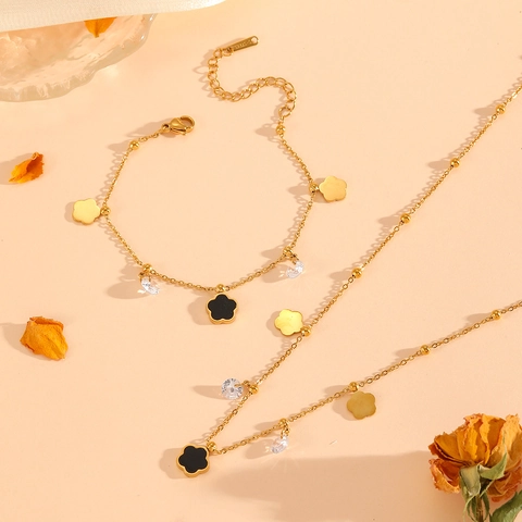 Roestvrij Staal Madeliefje Klaver Hanger Ketting Armband Sieradenset 18K Verguld Strass Bloemen Sieraden Voor Vrouwen