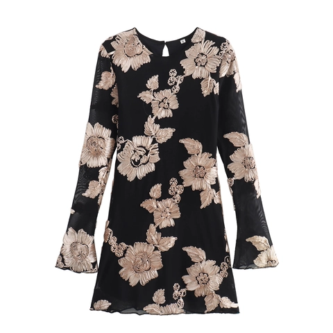 Sexy Slim Fit Bodycon Mini Jurk Lange Mouwen Ronde Hals Mesh Bloemenborduurwerk Elegante Hoge Taille