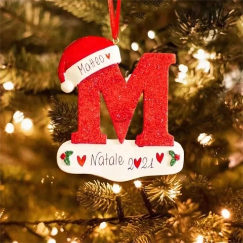 Christmas Alphabet Letter Ornaments Resin Red Glitter Hanging Decoration With Santa Hat For Holiday Tree Decor