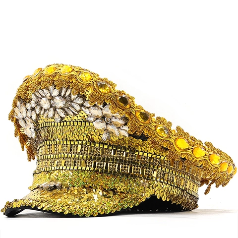 Gold Captain Hat Rhinestone Sequined Military Costume Stage Performance Carnival Party Accessory Women Men