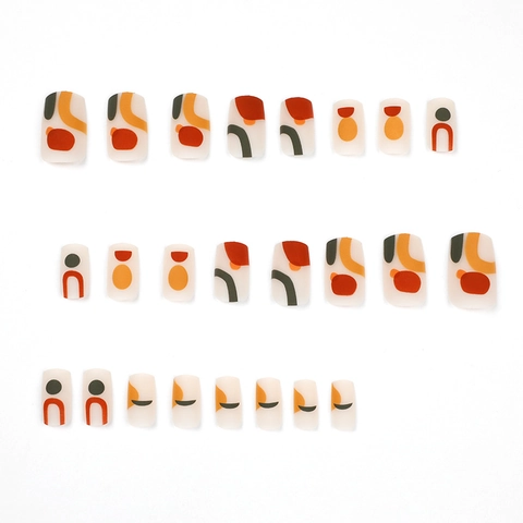 Matte Press On Nails Geometric Abstract Color Block Square Medium Length False Nails Artificial Finger Nail Art