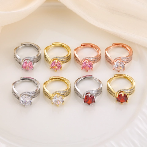Fashion Copper Three-Row Twisted Line Adjustable Ring With Heart-And-Arrow Cutting Round Rhinestone For Women Party Jewelry