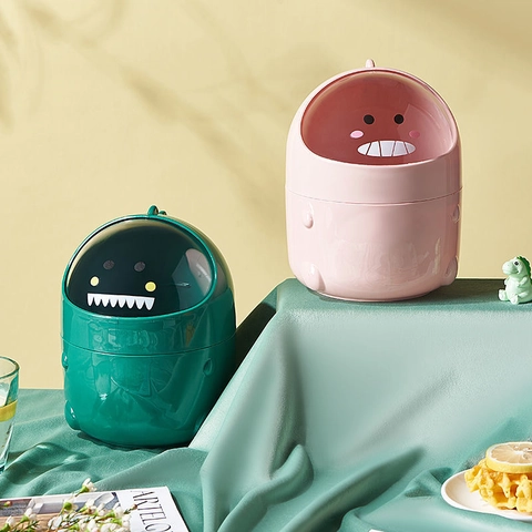 Mini Poubelle De Bureau Dinosaure En Plastique Avec Couvercle Basculant Pour Bureau Coiffeuse Salle De Bain Mignonne