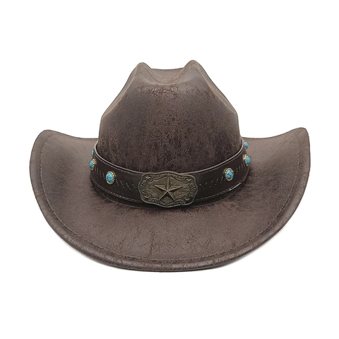 Western Cowboy Hat Vintage Cracked Texture Wide Brim Fedora With Star Buckle Leather Band And Turquoise Beads