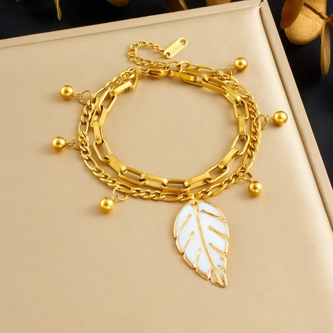 Bracciale A Doppio Strato In Acciaio Inossidabile Da Donna Placcato Oro Pendente Foglia Bianca Perline Metallo Gioielli Vintage