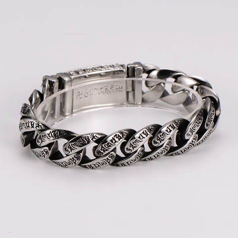 Pulsera De Cadena Cubana Retro Acero Inoxidable 304 Grabado Mantra Budista Tótem Religioso Punk Hip Hop Hombre