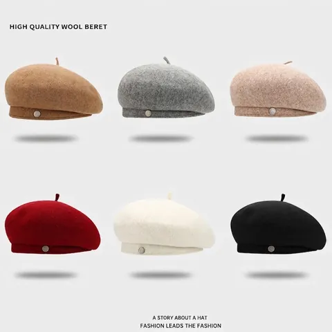 Damen Hochwertige Wolle Baskenmütze Einfarbig Winter Warm Malermütze Mit Metall Dekoration Elegante Herbst Mode Mütze