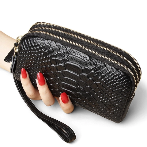 Women's Genuine Cowhide Leather Clutch Wallet Elegant Crocodile Pattern Embossed Multi Layer Zipper Large Capacity Wristlet Bag