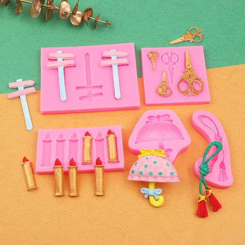 Silicone Molds Signboard Scissors Lipstick Candle Umbrella Tassel Shapes For Fondant Cake Chocolate Clay Craft Decorating