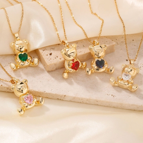 Collana Con Pendente A Orsetto In Zircone A Cuore Rame Placcato Oro Animale Carino Gioielli Per Donne Accessorio Moda