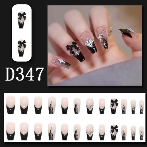 Press On Nails Long Coffin Shape With Bowknot Rhinestone Artificial Pearl Glitter Elegant Fake Nails For Women Girls