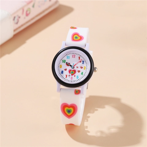 Orologio Al Quarzo Per Bambini Motivo Cuore Arcobaleno Cinturino In Silicone Numeri Arabi Colorati Per Ragazze