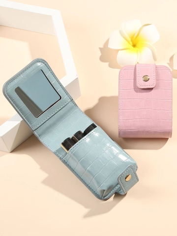 Lipstick Bag Portable PU Leather Crocodile Pattern With Mirror Small Cosmetic Pouch Travel Makeup Case For Women