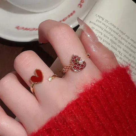 Anelli Aperti Cuore Hulu Gourd Placcati Oro 18K Retrò E Orecchini Fiori Con Smalto Zircone Perla Artificial Perno In Argento