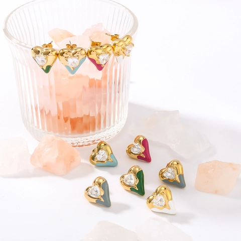 18K Vergulde Roestvrijstalen Hart Oorknopjes Voor Vrouwen Kleurrijke Emaille Strass Ingelegde Niche Sieraden Cadeau