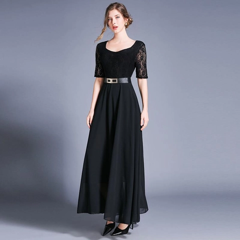 Elegante Abito Maxi Patchwork In Pizzo E Chiffon Con Cintura Mezza Manica Slim Fit Sera Formale Festa Matrimonio