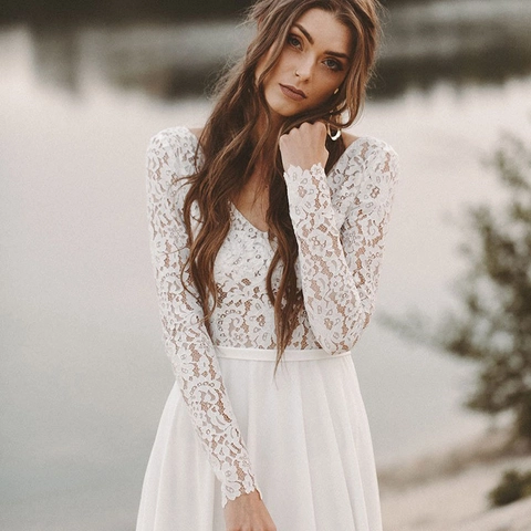 Wedding Dress Long Sleeve Lace Chiffon Deep V Neck Backless A-Line Beach Bridal Gown Bohemian Style For Women