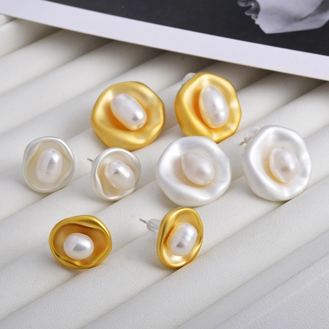 Baroque Natural Freshwater Pearl Stud Earrings Irregular Geometric Matte Copper Vintage French Style For Women