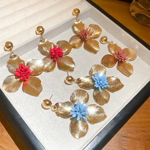 Orecchini Pendenti A Fiore In Metallo Con Perno In Argento Sterling 925 Texture Spazzolata Gioielli In Lega Per Donne