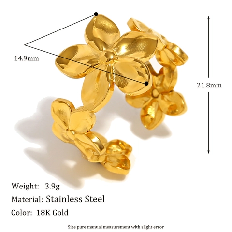 Blumenring Offen 18K Vergoldet Edelstahl Verstellbar Schick Hohl Fünf Blütenblatt Floral Schmuck Für Frauen