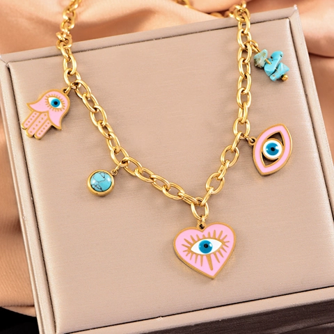 Evil Eye Hamsa Hand Necklace Bracelet Earrings Stainless Steel Pink Enamel Heart Turquoise Bohemian Style Women