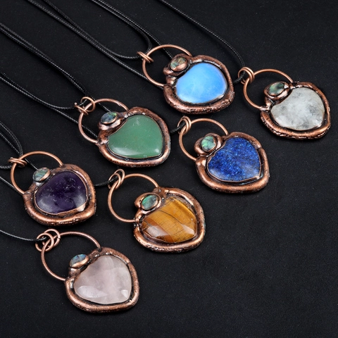 Vintage Copper Wire Wrapped Heart Natural Stone Pendant Necklace Abalone Shell Inlaid Retro Jewelry Gift For Women