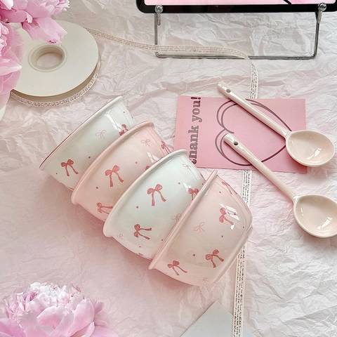 Ceramic Bowl Cute Bow Pattern Underglaze Rice Tableware Salad Dessert Soup Bowl Creamy Ins Style For Students Couples