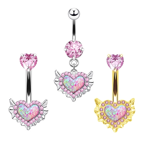 Stainless Steel Pink Rhinestone Heart Wing Belly Ring For Women Key Design Body Piercing Jewelry Navigation Ring