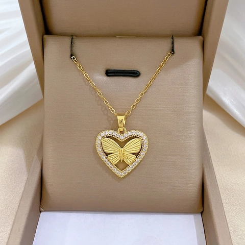 Heart Butterfly Pendant Necklace Stainless Steel Chain Copper Zircon Inlaid Elegant Gold Color Clavicle Jewelry For Women