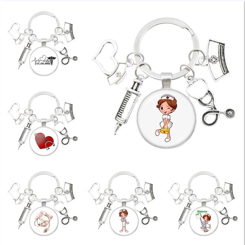 Krankenschwester Schlüsselanhänger Medizin Geschenk Silber Legierung Mit Spritze Stethoskop Glas Cabochon Anhänger