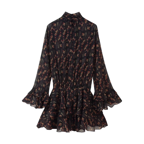 Vestito Corto In Chiffon Floreale Con Volant Maniche Lunghe Collo Alto Stile Francese Retrò Stampa Paisley A Balze Donne
