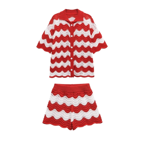 Women Crochet Knit Zigzag Wave Stripe Short Sleeve Polo Cardigan And Shorts Streetwear Casual Breathable Outfit