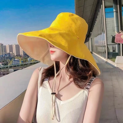 Chapeau Bob À Large Bord Coton Polyester Protection UV Pliable Corde Coupe Vent Double Face Extérieur Femmes