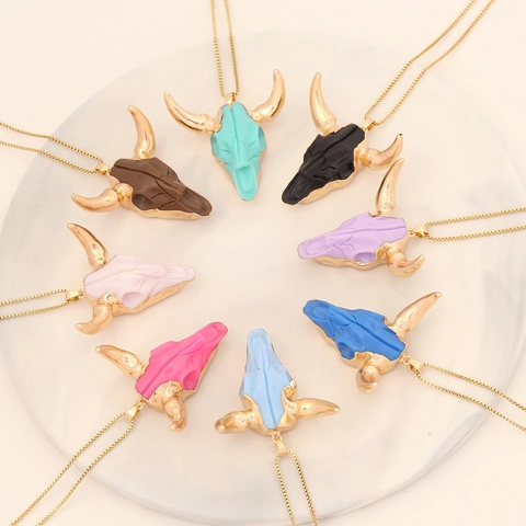 Collier Pendentif Crâne De Taureau Acier Inoxidable Résine Style Bohème Occidental Cornes Dorées Bijoux Pour Femmes
