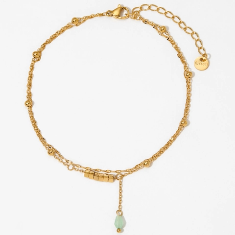 Zweilagiges Edelstahl Fußkettchen Für Damen Vintage Wasserdicht Nicht Anlaufend Grüner Stein Würfelperle Boho Fußschmuck
