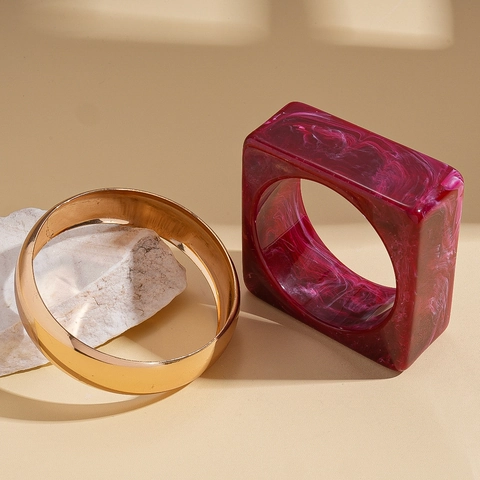 Bracciale Rigido Spesso In Acrilico Con Trama Marmorea Quadrato Geometrico Rotondo Metallo Lucido Gioielli Minimalisti