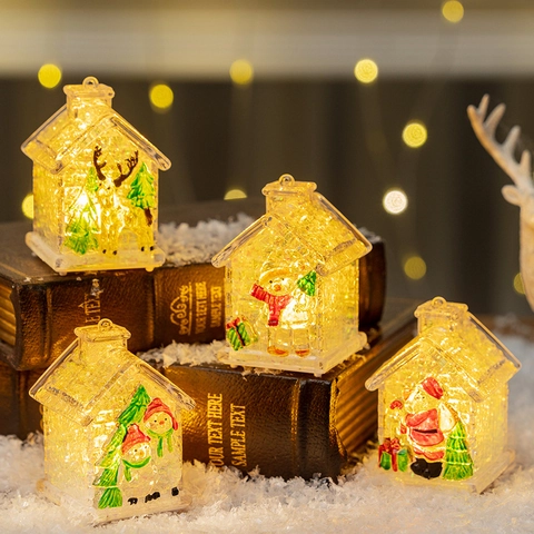 Christmas LED Glowing Small House Ornaments Transparent Plastic Hanging Decor Santa Snowman Reindeer Festive Tabletop Light