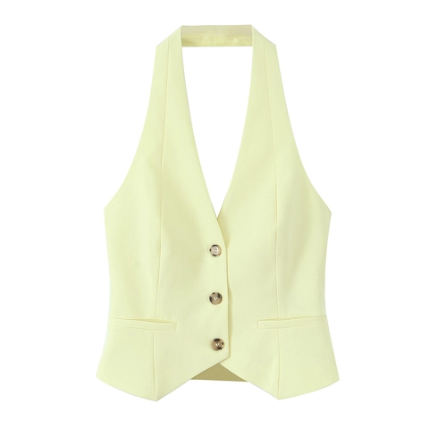Women Halter Neck Backless Vest And High Waist Wide Leg Trousers Solid Color Woven Casual Streetwear Outfit