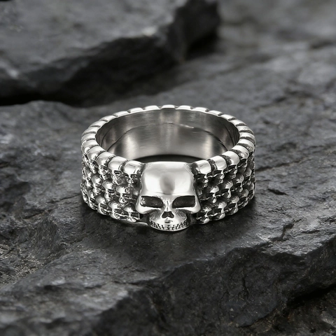Vintage Skull Ring Stainless Steel Gothic Punk Biker Ghost Head Embossed Wide Band Jewelry Gift For Cool Men