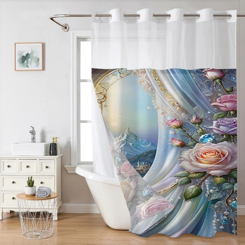 Shower Curtain Bath Mat Waterproof Polyester Digital 3D Rose Flower Mountain Landscape Hookless Ring Weighted Magnet Bottom