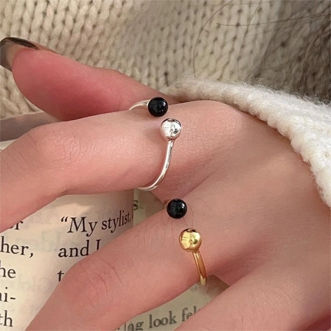 Anello Aperto Regolabile Minimalista In Argento Sterling 925 Con Perla Di Agata Nera Gioielli Da Donna