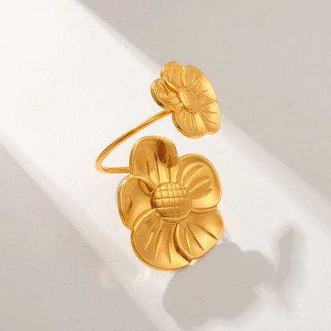 Anillo De Acero Inoxidable Con Doble Flor Para Mujer Chapado En Oro Ajustable Abierto Girasol Margarita Vintage Joyería