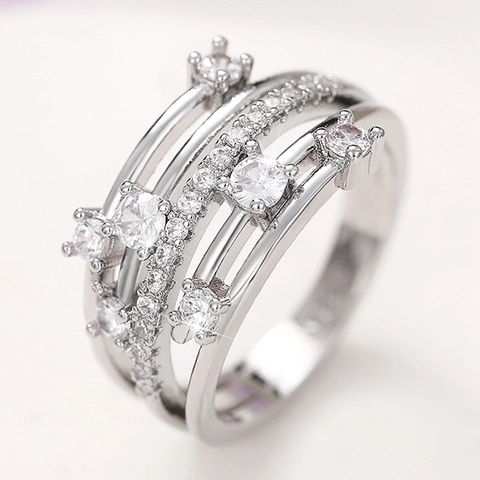 Anillo Cruzado De Capas Múltiples Micro Pave Circón Cobre Joyería De Moda Mujer Chapado En Oro Blanco Creativo
